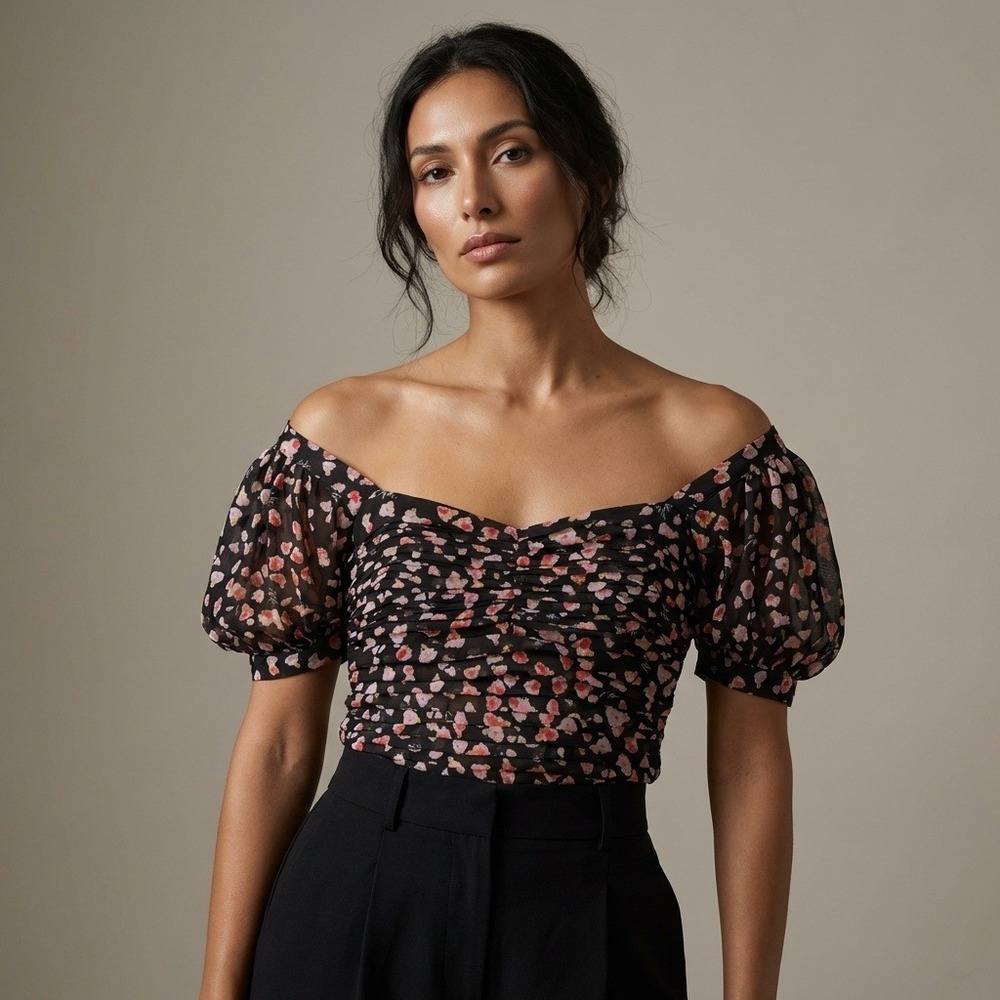 Karl Lagerfeld Paris Women Black Floral Ruched Off Shoulder Puff Sleeve Blouse S